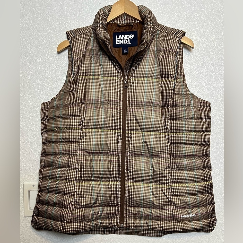 Lands End Down Vest  600 Fill Plaid Brown Size Large